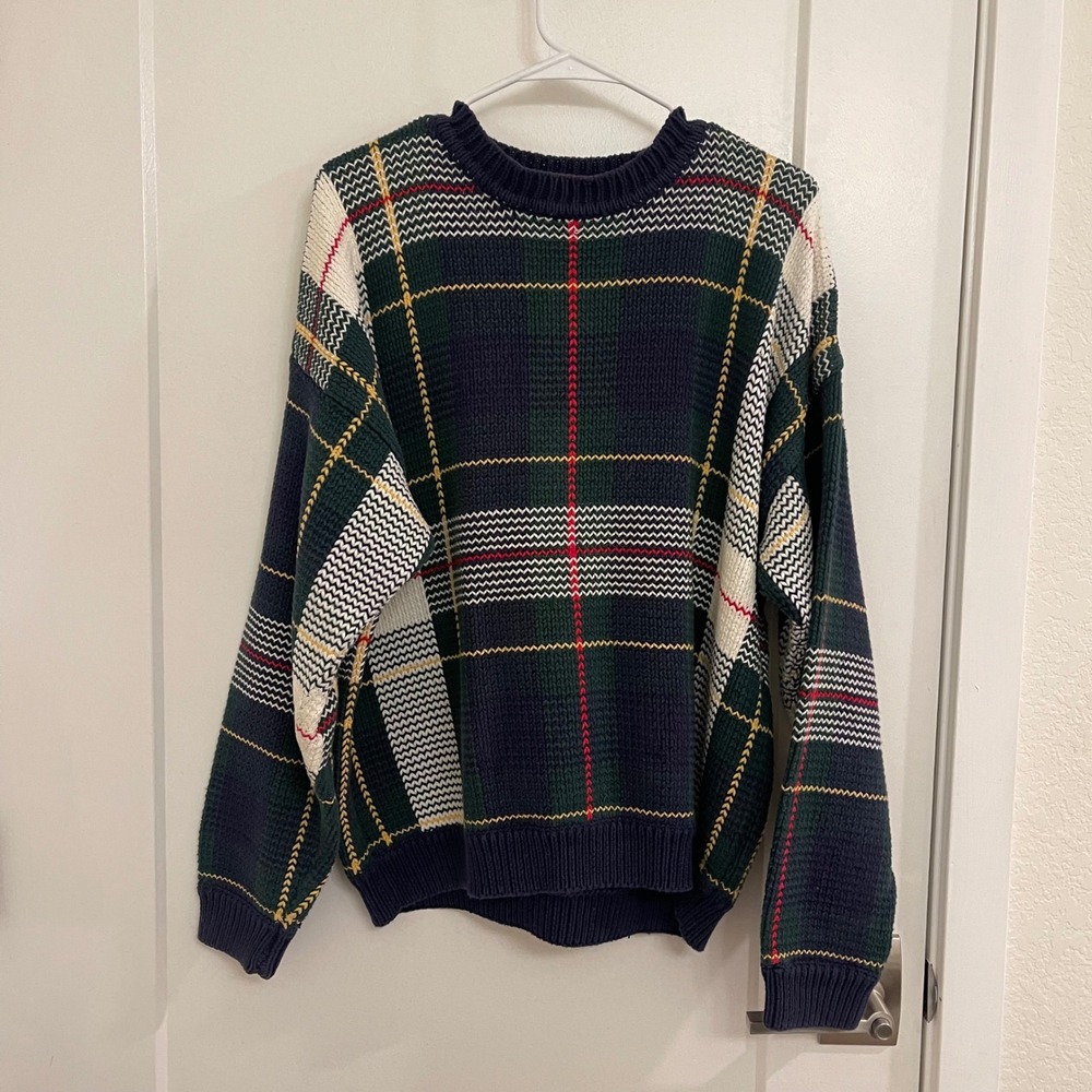 Vintage Plaid Fall Green Sweater Tartan 90s Retro Vintage Preppy Collegiate